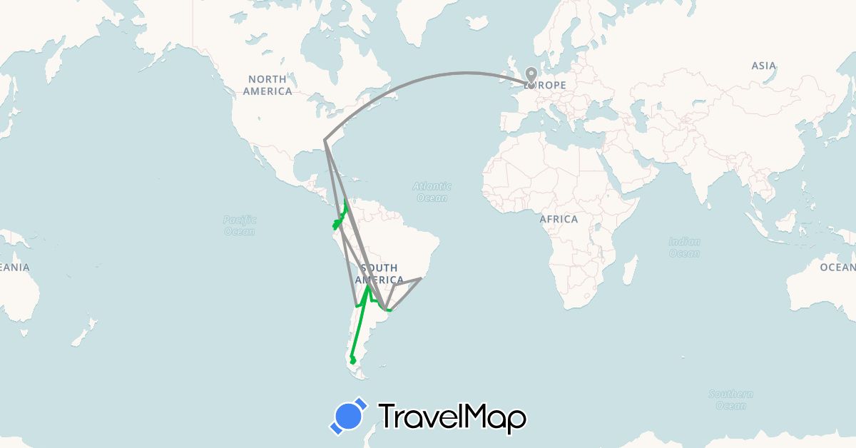 TravelMap itinerary: driving, bus, plane in Argentina, Belgium, Brazil, Chile, Colombia, Ecuador, United States, Uruguay (Europe, North America, South America)