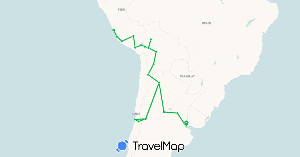 TravelMap itinerary: driving, bus in Argentina, Bolivia, Chile, Peru (South America)